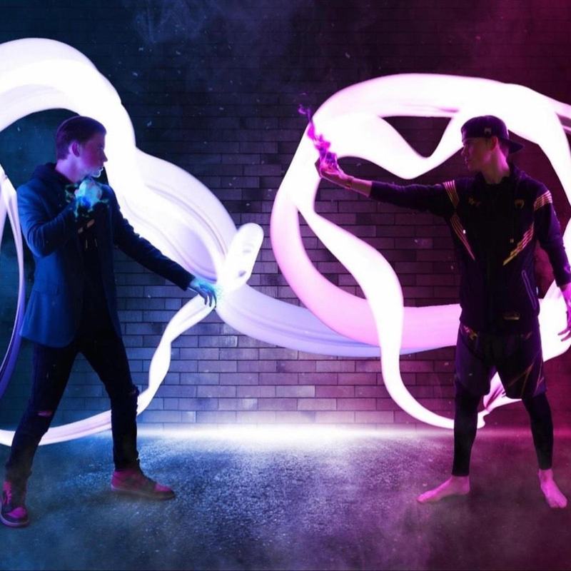 Split cover, two versions of Wy facing off with light trails