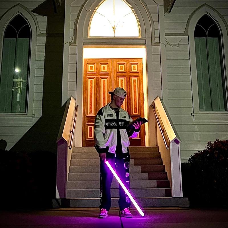 TEARS AWAY! cover, Wy on church steps at night holding a glowing purple blade